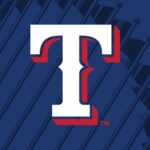 A blue and red logo of the texas rangers.